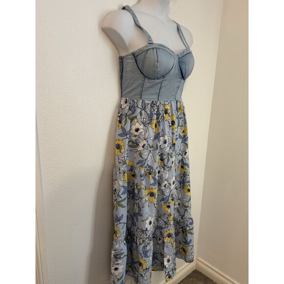 BOG Collective Maxi Dress Floral Corset Denim Blue Cottagecore Band Gypsies L - Picture 3 of 15